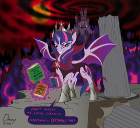 armor castle column corruption crown cutie_mark dark_magic dialogue fangs female feral fire fur glowing hair headgear horn levitation looking_at_viewer magic magic_user membrane_(anatomy) membranous_wings multicolored_hair outside purple_body purple_eyes purple_fur purple_hair quadruped royalty sky smoke solo sun tail teeth text two_tone_hair wings omny87 friendship_is_magic hasbro my_little_pony mythology twilight_sparkle_(mlp) equid equine mammal mythological_creature mythological_equine winged_unicorn 2013 comic english_text