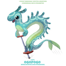 ambiguous_gender beady_eyes blue_body blue_eyes feral green_body humor open_mouth pogo_stick pun simple_background solo text visual_pun white_background piper_thibodeau ogopogo 1:1 digital_media_(artwork) digital_painting_(artwork) english_text painting_(artwork) url
