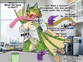 anthro big_breasts breasts clothed clothing crossgender female genitals mtf_crossgender scales text tongue tongue_out vulva wings wonderin_dragon capcom monster_hunter bird_wyvern chameleos elder_dragon flying_wyvern pukei-pukei scalie