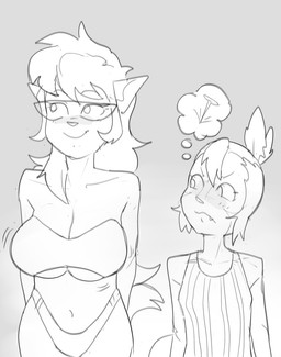 age_difference anthro big_breasts bikini bouncing_breasts breast_envy breasts cleavage clothed clothing duo eyewear fangs female glasses hair looking_at_another one-piece_swimsuit small_breasts smile standing swimwear teeth thought_bubble tied_hair two-piece_swimsuit under_boob young young_female younger_female dbaru hanna-barbera swat_kats thundercats thundercats_2011 callie_briggs wilykit animal_humanoid cat_humanoid domestic_cat felid felid_humanoid feline feline_humanoid felis humanoid mammal mammal_humanoid 2026 crossover greyscale hi_res monochrome portrait three-quarter_portrait