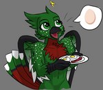 anthro bacon beak black_beak breasts chest_tuft egg feathers female food freckles freckles_on_shoulders fried_egg green_body green_eyes green_feather_hair green_feathers meat nude plate solo speech_bubble star tail tail_feathers tongue tuft white_body white_feathers wings max_edge eira_(eiraryyu) avian bird corvid javan_green_magpie magpie_(corvid) oscine passerine pictographics