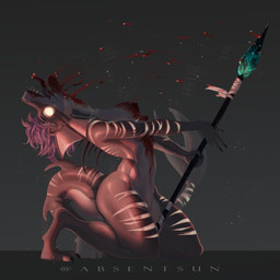 anthro blood bodily_fluids bottomless breasts butt clothed clothing feet female fin glowing glowing_body glowing_eyes gore hair holding_object holding_weapon looking_at_viewer melee_weapon muscular muscular_female nipples nude open_mouth pole_between_legs polearm sharp_teeth simple_background solo spear spikes spikes_(anatomy) tail teeth teeth_showing thick_tail thick_thighs tongue tongue_out topwear topwear_only underwear weapon absentsun noctara anglerfish aquatic fish 1:1 digital_media_(artwork) hi_res