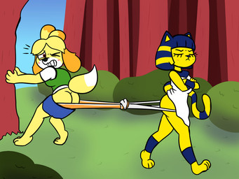 anthro bare_butt blush butt clothing clothing_pull duo female female/female holding_onto_tree markings panties panty_pull striped_markings striped_tail stripes tail tail_markings underwear underwear_pull walking_away wedgie white_clothing white_panties white_underwear mangolotl444 animal_crossing nintendo ankha_(animal_crossing) isabelle_(animal_crossing) canid canine canis domestic_dog felid feline mammal shih_tzu toy_dog 4:3