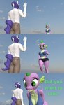 anthro anthrofied biped blue_clothing blue_shirt blue_topwear bottomwear breasts cleavage clothed clothing crossgender dialogue duo eyelashes female ftm_crossgender green_eyes hair larger_female macro male mtf_crossgender non-mammal_breasts outside pants pupils purple_body purple_hair shirt shorts size_difference sky slit_pupils smaller_male text thick_thighs topwear white_body white_clothing white_shirt white_topwear wide_hips papadragon69 friendship_is_magic hasbro my_little_pony mythology rarity_(mlp) spike_(mlp) dragon equid equine mammal mythological_creature mythological_scalie scalie wingless_dragon 3d_(artwork) absurd_res comic digital_media_(artwork) english_text hi_res