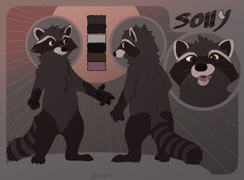 anthro claws fangs front_view fur looking_at_viewer male open_mouth raccoon_tail rear_view smile solo standing tail teeth text dlrp99 mammal procyonid raccoon hi_res model_sheet signature