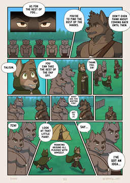 angry anthro armor bottomwear brown_body brown_eyes brown_fur cloak close-up clothed clothing dialogue disappointed evil_face eyebrow_piercing facial_piercing front_view fur green_cloak green_clothing green_eyes group harness holding_object jewelry male muscular necklace notebook outside page_number pecs pendant piercing running sky smile speech_bubble tassets tent text topless twitter_logo ghosty_cult far_beyond_the_world_(series) twitter erof_(far_beyond_the_world) talisin_(far_beyond_the_world) canid canine canis mammal wolf artist_name comic english_text hi_res multiple_scenes