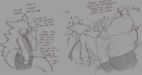 ahegao anthro bodily_fluids bottomwear bottomwear_down clothed clothing corruption cum cum_in_ass cum_inside dialogue duo flustered genital_fluids genitals heart_symbol hearts_around_head looking_pleasured male male/male onomatopoeia overweight overweight_male pants pants_down partially_clothed penis plap sex small_penis sound_effects suit suit_and_tie text yuta1cc yuta_(yuta1cc) absurd_res english_text hi_res