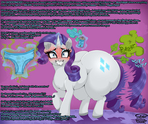 bared_teeth big_butt blue_eyelids blue_text blush bodily_fluids butt clothing curly_hair cutie_mark diamond_(marking) eyebrows eyelashes fart fart_cloud fart_fetish female glowing glowing_horn green_fart_cloud grey_hooves hair hooves horn huge_butt hyper hyper_butt lips long_hair long_tail looking_at_viewer looking_back magic mane markings onomatopoeia pink_background purple_hair purple_mane simple_background solo sound_effects spray_can stained_clothing stained_underwear sweat tail tail_motion tailwag teeth text thick_lips underwear unicorn_horn white_body white_butt white_face white_horn white_legs skunk_bunk friendship_is_magic hasbro my_little_pony mythology rarity_(mlp) equid equine mammal mythological_creature mythological_equine unicorn absurd_res digital_media_(artwork) english_text hi_res signature