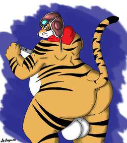 anthro aviator_cap balls belly big_balls big_belly big_butt blush butt eyewear fur genitals goggles male musclegut muscular scarf solo striped_body striped_fur stripes whiskers white_body white_fur yellow_body yellow_fur reagan700 dragon_ball captain_yellow felid mammal pantherine tiger 2010 signature