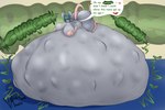 abdominal_bulge anthro belly big_belly big_breasts big_butt breasts butt female huge_belly lying motion_lines on_front onomatopoeia solo sound_effects text vore mazemaus maze_(mazemaus) humanoid mammal mouse murid murine rodent 3:2 absurd_res english_text hi_res