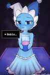 anthro beverage biped blue_body blue_clothing blue_dress blue_eyes blush blush_lines bodily_fluids clothed clothing dress eyebrows female fool's_hat hat headgear headwear holding_beverage holding_object looking_at_viewer open_mouth solo standing sweat text tremble_spikes water lumineko deltarune undertale_(series) elemental_creature mizzle_(deltarune) water_creature 2025 2:3 english_text