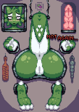 4_fingers anal_beads anthro anus blush bodily_fluids claw_toes dildo feet female fingers genitals green_body green_scales heart_(marking) horn markings picture_frame raised_tail restraints scales scared sex_toy soles solo spikes spotlight sweat tail text through_wall toes vulva white_body white_scales wooden_board hantanyaw44 hanta kobold scalie absurd_res digital_media_(artwork) hi_res pixel_(artwork)