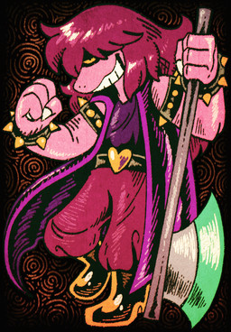 4_fingers anthro armband axe boots bottomwear bracelet claws clothed clothing finger_claws fingers footwear fully_clothed hair holding_axe holding_object jewelry pants pink_arms pink_fingers pink_hands purple_clothing purple_topwear shoes spiked_armband spiked_bracelet spikes teeth topwear bridgeoffaust deltarune undertale_(series) susie_(deltarune) reptile scalie hi_res