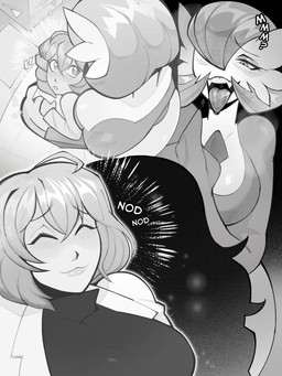 blush breasts clothing coat duo explicitly_stated_consent female female/female female_humanoid gesture hand_gesture lab_coat looking_at_another pointing pointing_at_self sharp_teeth size_difference sweater teeth tongue tongue_out topwear turtleneck vore willing_prey voremaxx nintendo pokemon gardevoir generation_3_pokemon human humanoid mammal pokemon_(species) 3:4 greyscale monochrome