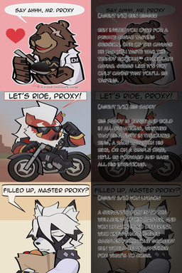 5_fingers anthro brown_body brown_fur chibi clothed clothing container dialogue ear_piercing eyes_closed eyewear fingers fully_clothed fur heart_symbol holding_container holding_object male motorcycle open_mouth outside piercing red_background red_body simple_background sunglasses text vehicle zuchawry mihoyo zenless_zone_zero ben_bigger big_daddy_(zenless_zone_zero) von_lycaon bear canid canine canis mammal suid suine sus_(pig) thiren wild_boar wolf 2025 absurd_res english_text hi_res