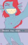 after_shower anthro blush breasts dripping emote eyes_closed fangs female fin genitals hair long_hair navel nipples non-mammal_breasts nude pussy red_hair selfie shower simple_background smile solo standing teeth text water wet dezz undertale undertale_(series) undyne fish marine 2018 english_text hi_res