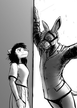 anthro blouse bottomless bottomless_anthro bottomless_male bottomwear clothed clothed_anthro clothed_female clothed_male clothing duo eyewear female glasses looking_at_another male male/female muzzle_(object) muzzled prison_cell skirt smile standing topwear wearing_glasses hladilnik donk_(hladilnik) marylin_(hladilnik) american_opossum asinus donkey equid equine mammal marsupial virginia_opossum 2025 black_and_white hi_res monochrome