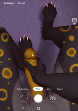 anthro balls black_body black_fur camera_hud camera_view cellphone claws electronics fur genitals grey_body grey_fur looking_down male markings masturbation paws penis phone smartphone solo spots taking_picture text yellow_body yellow_fur yellow_markings yellow_penis yellow_spots caboose6000 rye_(loaf) felid feline mammal pantherine snow_leopard english_text hi_res