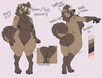 anthro areola big_breasts big_butt biped breasts brown_body brown_fur brown_nipples butt chest_tuft claws color_swatch curled_tail digitigrade ear_piercing ear_ring feet female folded_ears fur genitals hindpaw navel neck_tuft nipples nude pawpads paws piercing pink_tongue ring_piercing simple_background solo standing tail text thick_thighs toe_claws tongue tongue_out tuft vulva wide_hips conditional_dnp puddingpaw canid canine canis domestic_dog hybrid hyena mammal spotted_hyena 2019 artist_name dated digital_drawing_(artwork) digital_media_(artwork) english_text flat_colors model_sheet