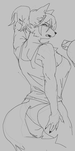 anthro biped black_nose breasts clothed clothing eyebrows eyelashes female fingers fur grey_background hair open_mouth pupils simple_background solo standing tail teeth meckmeck00124 canid canine canis mammal wolf hi_res monochrome