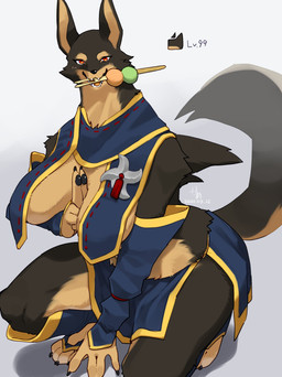 anthro big_breasts black_body black_fur breasts clothed clothing crouching dango_(food) female female_anthro fur kamura_armor kemono looking_at_viewer multicolored_body multicolored_fur orange_eyes pawpads ranged_weapon sagging_breasts scarf shuriken simple_background skimpy solo tan_body tan_fur two_tone_body two_tone_fur weapon kame_3 capcom monster_hunter canid canine canyne mammal palamute absurd_res hi_res