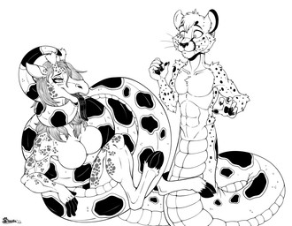anthro apode big_breasts blush blush_lines bodily_fluids breasts claws coiling duo featureless_breasts female fur hair half-closed_eyes hooves horn legless long_tongue looking_at_another looking_pleasured male markings mouth_closed narrowed_eyes nude open_mouth saliva saliva_on_tongue saliva_string scales serpentine sitting split_form spots spotted_body spotted_fur standing tongue tongue_out whiskers wide_eyed marcushunter kujura_(character) cheetah draconcopode felid feline giraffe giraffid hybrid lamia mammal reptile scalie snake 2022 monochrome signature