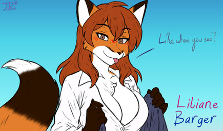anthro bedroom_eyes big_breasts bisexual_pride_colors blush breasts brown_eyes chest_tuft cleavage clothed clothing dialogue dipstick_tail female flashing fox_ears fox_tail gradient_background hair holding_clothing holding_object jacket lgbt_pride markings medium_hair narrowed_eyes open_clothing open_shirt open_topwear pride_colors red_hair removing_shirt seductive shirt simple_background smug solo tail tail_markings teasing teasing_viewer text tongue tongue_out topwear tuft unbuttoned_shirt jordanos21 twokinds liliane_barger canid canine fox keidran mammal english_text flat_colors