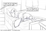 3:2 anthro bed bedroom belly butt butt_cleavage canid canine clothed clothing comic dialogue english_text faf fafcomics female fox furniture greyscale hetty_(faf) mammal monochrome obese obese_anthro obese_female offscreen_character overweight overweight_anthro overweight_female pillow solo text