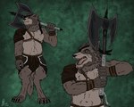 anthro armor axe barbarian bottomwear brown_body brown_fur clothing digitigrade eye_patch eyewear fur green_eyes kilt leather male pauldron simple_background solo standing yenocwolf secrets_of_uncrom uncrom celtos_kolbeck canid canine dire_wolf mammal prehistoric_species valtalska_dercas absurd_res concept_art hi_res