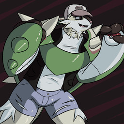 3_fingers bottomwear clothed clothing cosplay denim denim_clothing female fingers green_body hat headgear headwear holding_object holding_pokeball open_mouth open_smile pink_nose pokeball pokeball_clothing shorts simple_background smile solo standard_pokeball trapmagius nintendo pokemon hilda_(pokemon) hilda_(trapmagius) chesnaught generation_6_pokemon pokemon_(species) 1:1 2015 aliasing digital_media_(artwork)