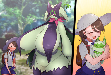 anthro backpack big_breasts blue_bottomwear blue_clothing blue_necktie blue_skirt bodily_fluids bottomwear breasts brown_hair bulge closed_smile clothed clothing dress duo erection erection_under_clothing evolution eyelashes eyes_closed facial_markings fangs female fur genitals green_body green_fur green_inner_ear gynomorph hair hand_on_crotch hand_on_penis hat head_markings headgear headwear huge_breasts intersex light_body light_skin markings mask mouth_closed narrowed_eyes necktie nipple_outline open_mouth open_smile pawpads penis pink_eyes pupils red_tongue school_uniform size_difference skirt small_breasts smile standing sweat sweatdrop teeth thick_thighs tongue topwear uniform uva_academy white_clothing white_dress white_topwear 0014sakuno nintendo pokemon juliana_(pokemon) generation_9_pokemon human mammal meowscarada pokemon_(species) sprigatito