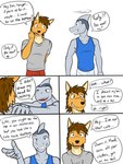 3:4 anthro canid canine canis clothed clothing comic coyote dialogue duo embarrassed english_text fish fully_clothed fuze hi_res ian_dela_cruz male male/male mammal marine mond_reyes shark shirt simple_background t-shirt tank_top texnatsu text topwear white_background