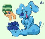 anthro blue_body breasts faceless_character faceless_male feet female footprint looking_at_viewer male markings open_mouth pawpads pawprint soles spots spotted_markings tail tail_motion tailwag toes lazzylad blue's_clues nickelodeon blue_(blue's_clues) steve_(blue's_clues) canid canine canis domestic_dog human mammal