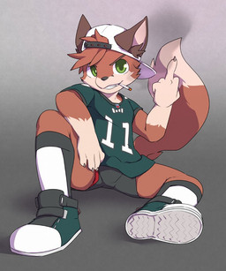 anthro brown_body brown_fur fur gesture hand_gesture male middle_finger shota solo young young_anthro young_male oouyuki_benten canid canine fox mammal 2016 5:6