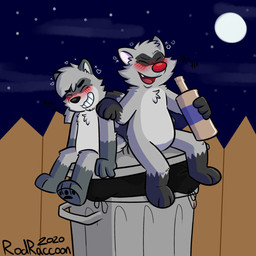 alcohol_bottle anthro beverage_bottle bottle bubble container drunk drunk_bubble male male/male night null outside substance_intoxication trash_can rodraccoon rodney_the_raccoon ron_(ron_raccoon) mammal procyonid raccoon 1:1 2020 hi_res
