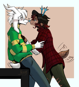 2_horns anthro antlers blue_antlers blue_nose bottomwear clothed clothed_anthro clothing denim denim_bottomwear denim_clothing duo fan_designs female flannel_shirt floppy_ears freckled_face freckled_tail freckles fully_clothed fully_clothed_anthro fur green_clothing green_sweater green_topwear horn jeans long_ears male male/female nose_to_nose nuzzling pants red_clothing red_shirt red_topwear romantic romantic_couple shirt short_tail sweater tail tail_motion tailwag topwear white_body white_fur magic_kinny deltarune undertale undertale_(series) asriel_dreemurr dess_holiday bovid caprine deer goat mammal new_world_deer reindeer hi_res