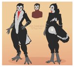 anthro beak blush border clothing feathers feet fluffy front_view looking_back male rear_view solo sweater talons toes topwear turtleneck white_border yellow_eyes docfurpanic skye_cressington avian bird owl rose_breasted_grosbeak hi_res model_sheet