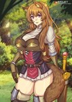 absolute_territory big_breasts bottomwear breasts brown_hair clothed clothing female hair melee_weapon skirt solo sword weapon redjet00 the_rising_of_the_shield_hero raphtalia animal_humanoid canid canid_humanoid canine canine_humanoid humanoid mammal mammal_humanoid tanuki_humanoid 2022