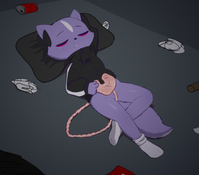 4_fingers alternative_fashion anthro beverage_can bottomless bottomless_anthro bottomless_female clothed clothing convenient_censorship creepy eyeshadow female fingers footwear goth hoodie horror_(theme) makeup pillow sleeping socks topwear trash e254e aggretsuko sanrio shikabane_(aggretsuko) mammal mephitid skunk absurd_res hi_res