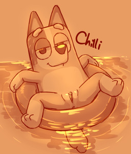 anthro anus female floating genitals half-closed_eyes inflatable narrowed_eyes pool_float smile solo vulva water polygon5 bluey_(series) chilli_heeler australian_cattle_dog canid canine canis cattledog domestic_dog herding_dog mammal pastoral_dog monochrome restricted_palette sketch