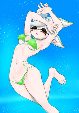 bikini breasts camel_toe clothing female humanoid_pointy_ears not_furry pointy_ears pseudo_hair simple_background solo swimwear tentacle_hair tentacles two-piece_swimsuit under_boob wardrobe_malfunction koharuno2 nintendo splatoon marie_(splatoon) aquatic cephalopod humanoid inkling mollusk hi_res