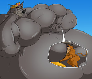 anthro belly big_belly big_muscles black_nose crown duo fur grey_body grey_fur headgear huge_belly huge_muscles macro male male/male micro musclegut muscular muscular_arms muscular_male obese obese_male overweight overweight_male pecs size_difference greggrth disney robin_hood_(disney) prince_john sheriff_of_nottingham canid canine canis felid lion mammal pantherine wolf
