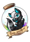 anthro badge chibi gesture hand_gesture looking_at_viewer magic_potion male potion_bottle rainbow solo v_sign bluetoxic susu mammal mephitid skunk hi_res