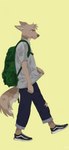 absurd_res anthro arm_tuft backpack brown_body canid canine canis chest_tuft clothed clothing digital_drawing_(artwork) digital_media_(artwork) elbow_tuft fully_clothed hi_res inner_ear_fluff knee_tuft leg_tuft male mammal shaded signature simple_background solo text tuft url wallpaper wolf yellow_eyes