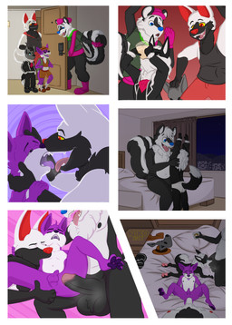 adult_on_young after_kiss age_difference anal anal_penetration anthro bedroom black_body black_fur blue_eyes clothing discarded_clothing drinking fingering first_person_view fur genitals group group_sex inside inviting kissing male male/male male_penetrated male_penetrating mask multicolored_body multicolored_fur oral oral_penetration penetration penis purple_body purple_fur red_eyes sex sucking underwear young young_anthro young_male nikosita canid canine canis fox jackal mammal mephitid skunk wolf absurd_res comic hi_res