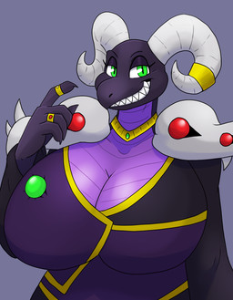 anthro big_breasts black_body breasts cleavage clothed clothing female green_eyes horn huge_breasts jewelry non-mammal_breasts purple_body scales sharp_teeth smile solo teeth ventral_scales thepipefox mythology desidia_esuries dragon mythological_creature mythological_scalie scalie