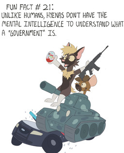 ambiguous_gender anthro ar-15 assault_rifle car chest_tuft cute_fangs driving duo fangs gun holding_assault_rifle holding_gun holding_object holding_ranged_weapon holding_rifle holding_weapon humor police police_car police_vehicle ranged_weapon rifle smile tank_(vehicle) teeth text tuft vehicle weapon mangoyena kinder hyena mammal absurd_res hi_res