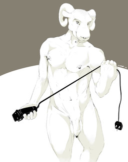 anthro balls brown_background cigarette cigarette_in_mouth cord flaccid foreskin front_view genitals horn humanoid_genitalia humanoid_penis male male_anthro nipple_piercing nipples nude_anthro nude_male object_in_mouth penis piercing shaved shaved_head shaver simple_background smoking smoking_cigarette solo standing white_background junkersquawker bovid caprine mammal sheep hi_res