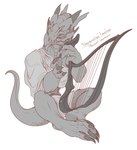 anthro claws eyes_closed feet harp male musical_instrument musician paws playing_music plucked_string_instrument sitting soles solo string_instrument tail toes kredri mythology dragon mythological_creature mythological_scalie reptile scalie hi_res