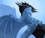 anthro biped black_hair blue_background blue_body blue_skin bottomwear butt clothed clothing hair horn looking_at_viewer looking_back male membrane_(anatomy) membranous_wings nude orange_eyes paws scar shorts simple_background solo spikes standing tail teasing topless wings zambuka european_mythology mythology malk dragon mythological_creature mythological_scalie scalie western_dragon 2012 digital_media_(artwork)